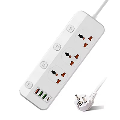 подовжувач мережевий довжиною 2 метри (3 розетки+3 USB+1 Type-C) та кнопка включення, потужністю 2500ват T61