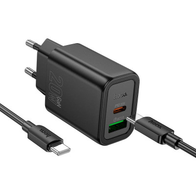 Адаптер мережевий HOCO gentle charger N61 (Type-C to Type-C set) |1USB/1Type-C, 20W/3A, PD/QC|