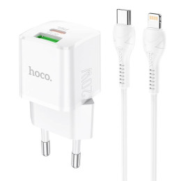 Адаптер мережевий HOCO Type-C to Lightning Cable Prestige charger set N20 |1USB/1Type-C, 20W, 3A, QC/PD|
