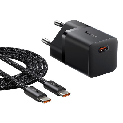 Адаптер мережевий Baseus GaN5 Fast Charger (mini) |1Type-C, 25W/3A, PD/QC| (With C to C 100W 1m cable)