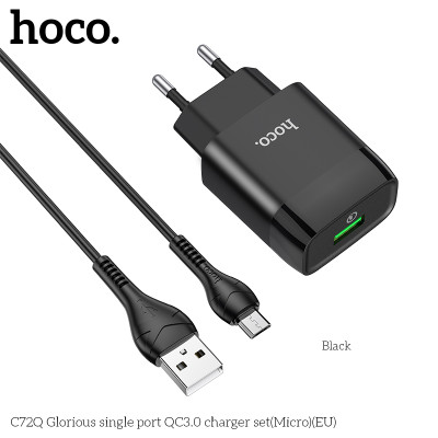 Адаптер мережевий HOCO Micro USB cable Glorious single port charger set C72Q |1USB, QC3.0/FCP/AFC, 3A, 18W|