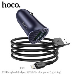 Адаптер автомобільний HOCO lightning cable Farsighted dual port QC3.0 car charger set Z39 |2USB, QC3.0, 3A/18W|