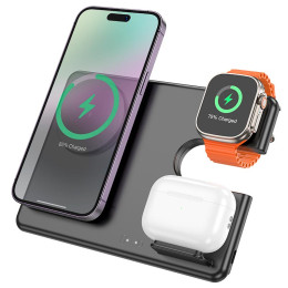 Зарядка Qi HOCO Geek folding 3-in-1 magnetic wireless fast charger CQ1 (iWatch/phone/earphone, 15wqi, 27w Type-C)