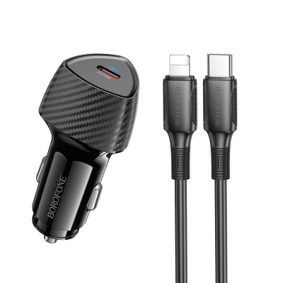 Адаптер автомобільний BOROFONE Solid single-port PD30W car charger C to Lightning set BZ31B |1Type-C, 30W/3A, PD/QC|