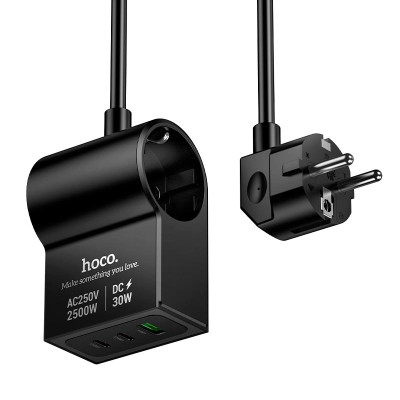 Адаптер мережевий HOCO Win 1 position PD desktop socket AC33 (L=1.5M) |2Type-C/1USB/DC, 30W/3A, PD/QC|