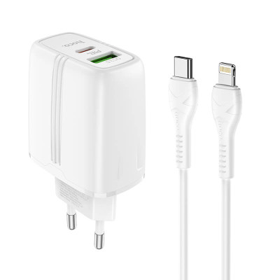 Адаптер мережевий HOCO Type-C to Lightning Cable Powerful dual Port charger set N11 |1USB/1Type-C, PD/QC, 20W/3A|