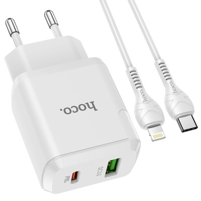 Адаптер мережевий Hoco Type-C to Lightning Cable Favor dual port N5 |1USB/1Type-C, PD20W/QC3.0, 3A| (Safety Certified)