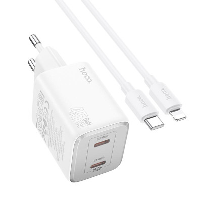 Адаптер мережевий Hoco Elogiado dual-port charger N42 (Type-C to Lightning Set) |2Type-C, 45W/3A, PD/QC|