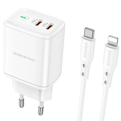 Адаптер мережевий BOROFONE Type-C to Lightning Cable Reacher dual Port charger set BN9 |2Type-C, 35W/3A, PD/QC|