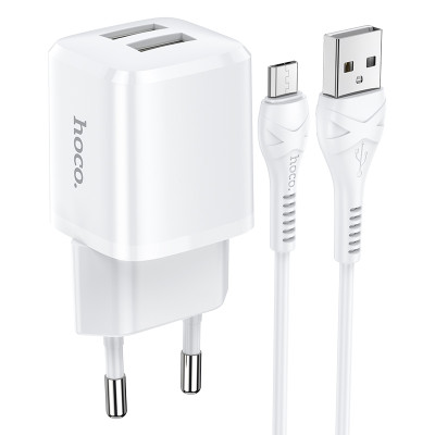 Адаптер мережевий HOCO Micro USB Cable Briar dual port charger set N8 |2USB, 2.4A| (Safety Certified)