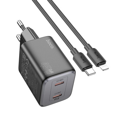Адаптер мережевий Hoco Elogiado dual-port charger N42 (Type-C to Lightning Set) |2Type-C, 45W/3A, PD/QC|