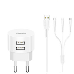 Адаптер мережевий USAMS Kit Sing-Tu Dual USB Round Travel 3in1 cable T20 |2USB, 2.1A| Адаптер мережевий USAMS Kit Sing-Tu Dual USB Round Travel 3in1 cable T20 |2USB, 2.1A|