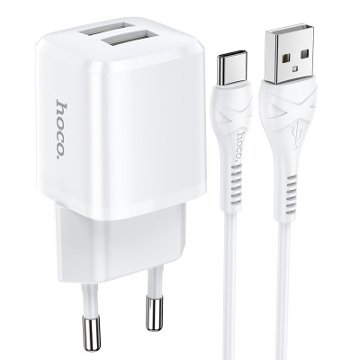 Адаптер мережевий HOCO Type-C Cable Briar dual port charger set N8 |2USB, 2.4A| (Safety Certified)