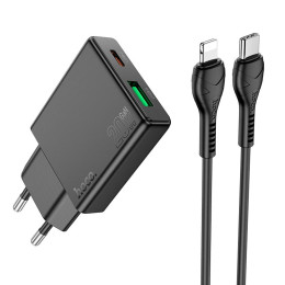 Адаптер мережевий HOCO Type-C to Lightning Delgado dual Port charger N38 |1USB/1Type-C, 20W/3A, PD/QC|