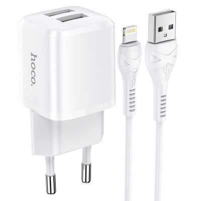 Адаптер мережевий Hoco Lightning Cable Briar dual port charger set N8 |2USB, 2.4A| (Safety Certified)