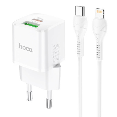 Адаптер мережевий HOCO Type-C to Lightning Cable Prestige charger set N20 |1USB/1Type-C, 20W, 3A, QC/PD|